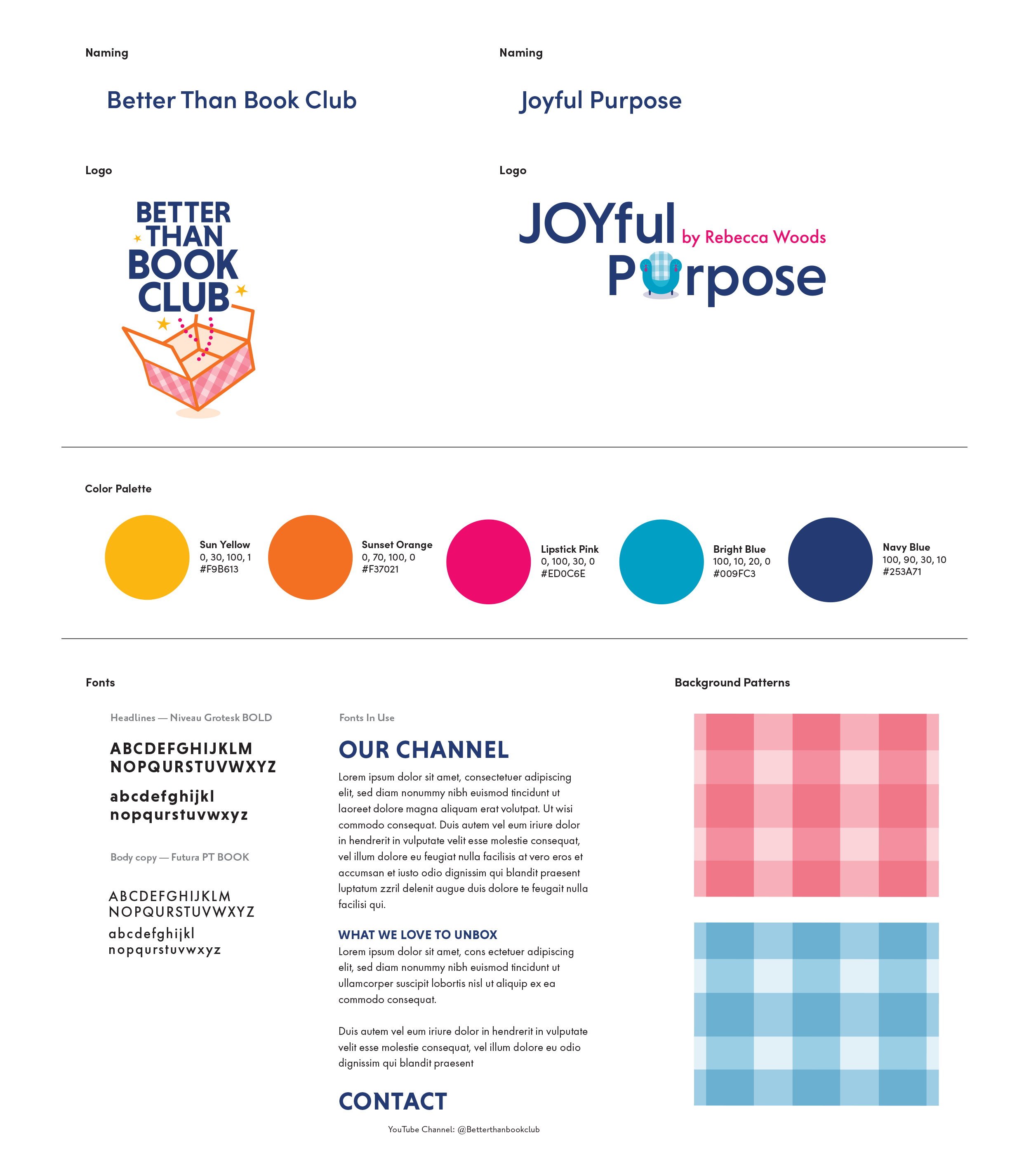 Better Than Book Club and JOYful Purpose — final logos, color palette and brand patterns